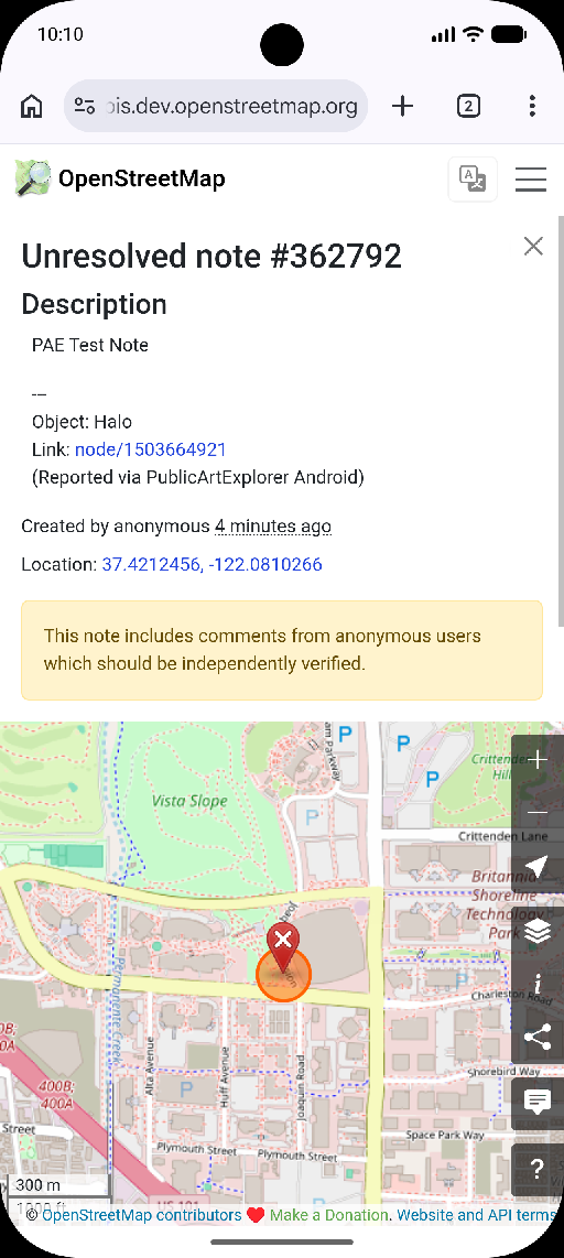 Screenshot of a test note